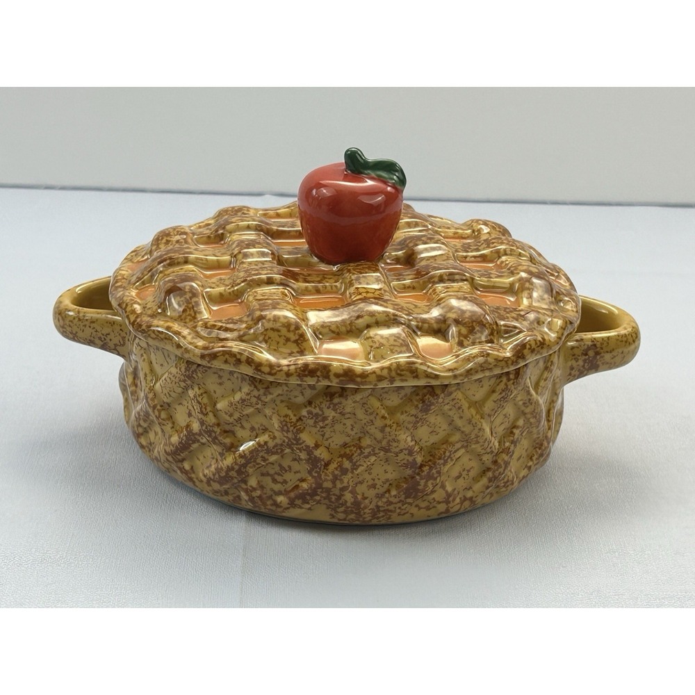 Vintage Apple Pie Ceramic Covered Dish Candy Trinket Bowl Fall Kitchen Decor